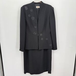 Talbots‎ Womens Black Floral Embellished Skirt Suit Set Sz L Career Office